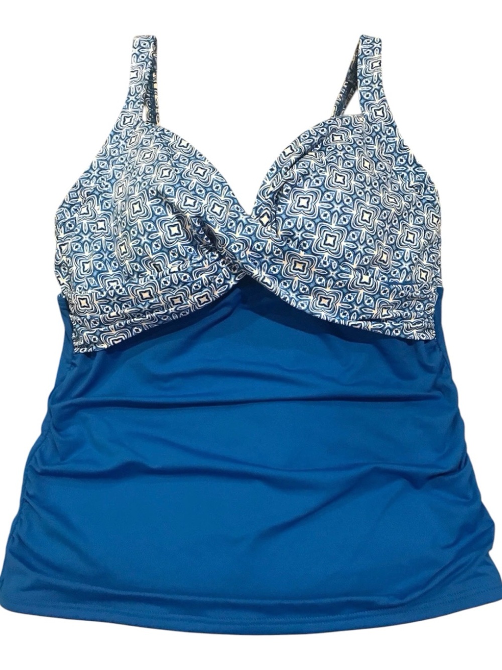 Lands’ End Tankini Swim Top Plus Size 20W Tummy Control Blue Print Underwire EUC